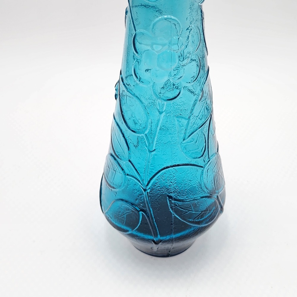 Vintage Empoli Italy Teal Blue Glass Genie Bottle Decanter Butterfly Flowers MCM - Picture 12 of 12